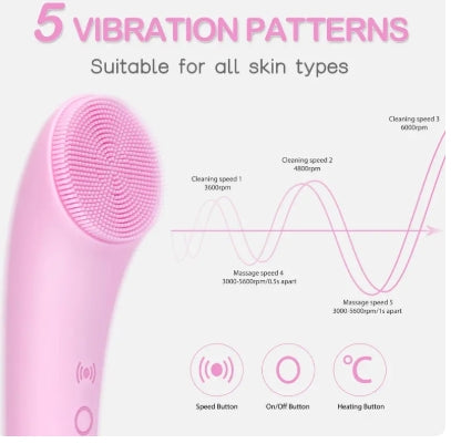 Facial Cleansing Brush, PRITECH Heatable Vibrating Face Scrubber with Massage, Silicone Face Scrubber for Women & Men, Electric Facial Cleanser for Deep Cleansing, Gentle Exfoliating (Pink)