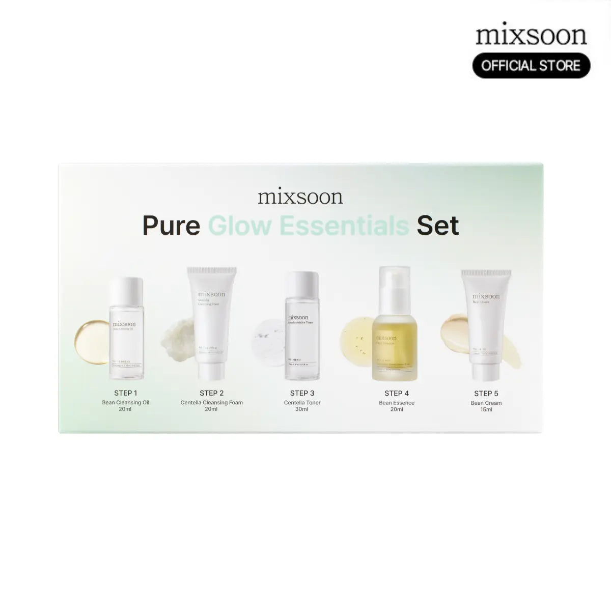 mixsoon Official Shop]　All in One Pure Glow Essentials Set — Bean Cleansing Oil 20ml Centella Cleansing Foam 20ml Centella Asiatica Toner 30ml Bean Essence 20ml Bean Cream 15ml Cleanse Kit Beauty Kit