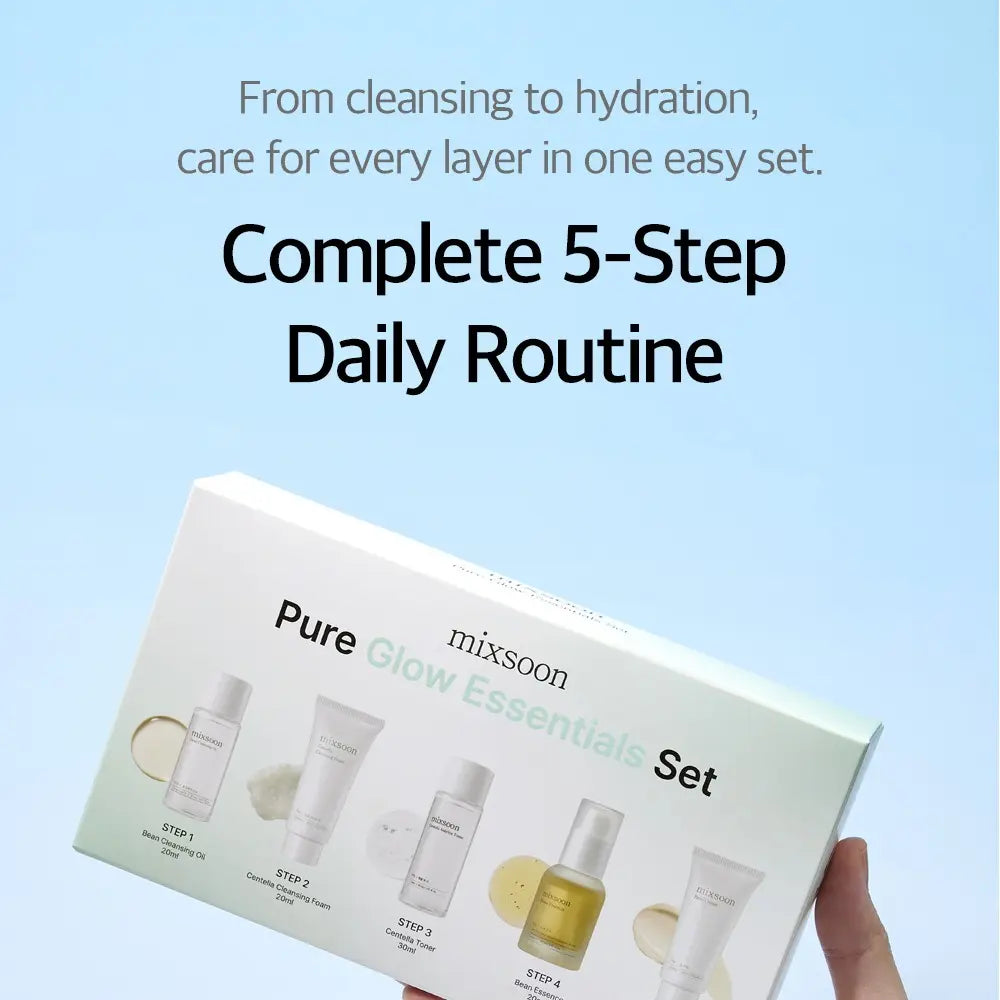mixsoon Official Shop]　All in One Pure Glow Essentials Set — Bean Cleansing Oil 20ml Centella Cleansing Foam 20ml Centella Asiatica Toner 30ml Bean Essence 20ml Bean Cream 15ml Cleanse Kit Beauty Kit