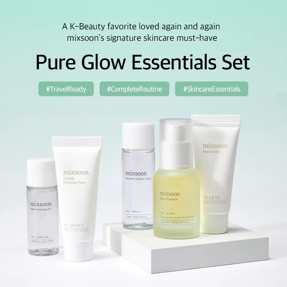 mixsoon Official Shop]　All in One Pure Glow Essentials Set — Bean Cleansing Oil 20ml Centella Cleansing Foam 20ml Centella Asiatica Toner 30ml Bean Essence 20ml Bean Cream 15ml Cleanse Kit Beauty Kit